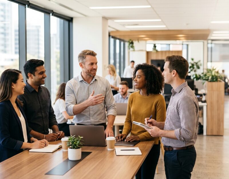 Australian team leader guiding small business staff in a modern office Team Leader Responsibilities: 5 Key Areas Explained