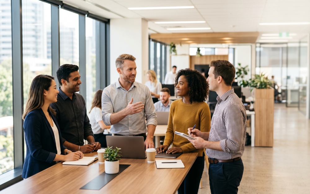 Australian team leader guiding small business staff in a modern office Team Leader Responsibilities: 5 Key Areas Explained