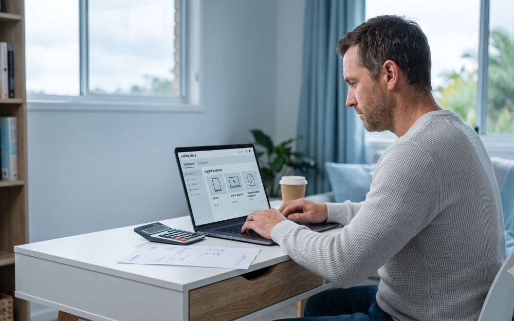 Australian business owner reviewing online sales and working out GST on digital products at a desk