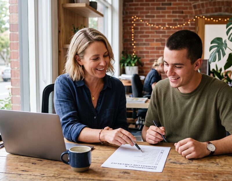 Small business owner training employees using a checklist at a workstation