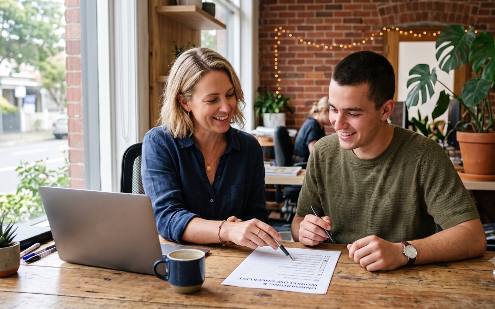Small business owner training employees using a checklist at a workstation