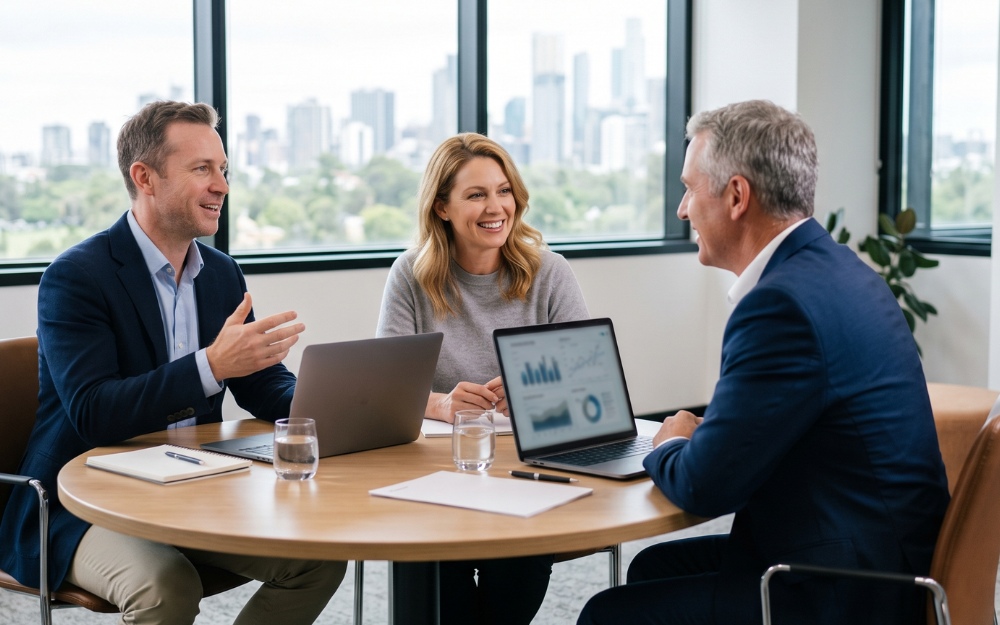 Business owners discussing structure options of trust vs company in Australia with an advisor