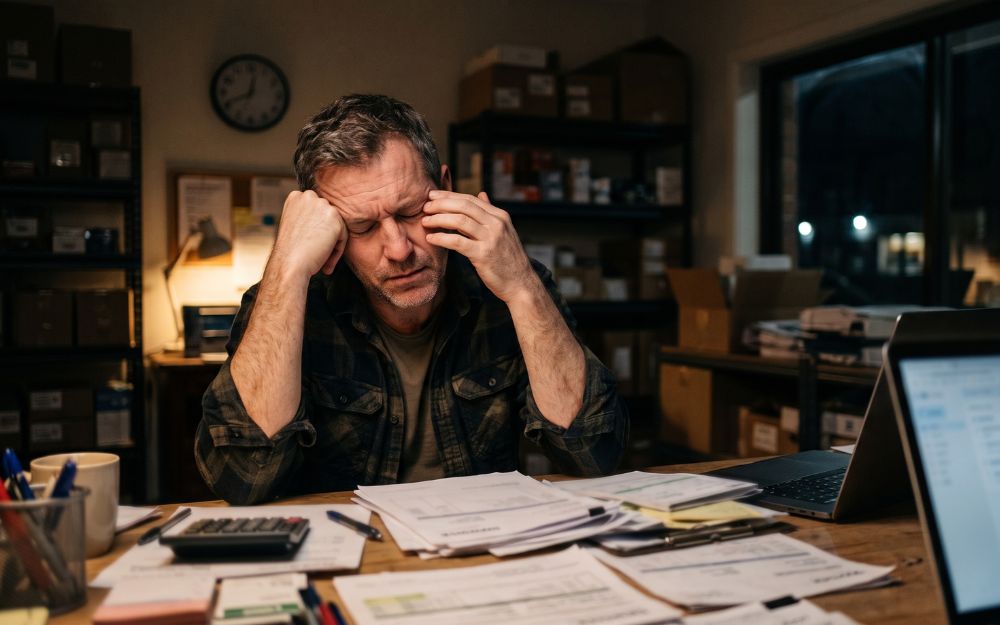 Managing Your Stress in Business - A Practical Guide: Small business owner taking a calm breath outside his shop in the morning, illustrating managing stress in business