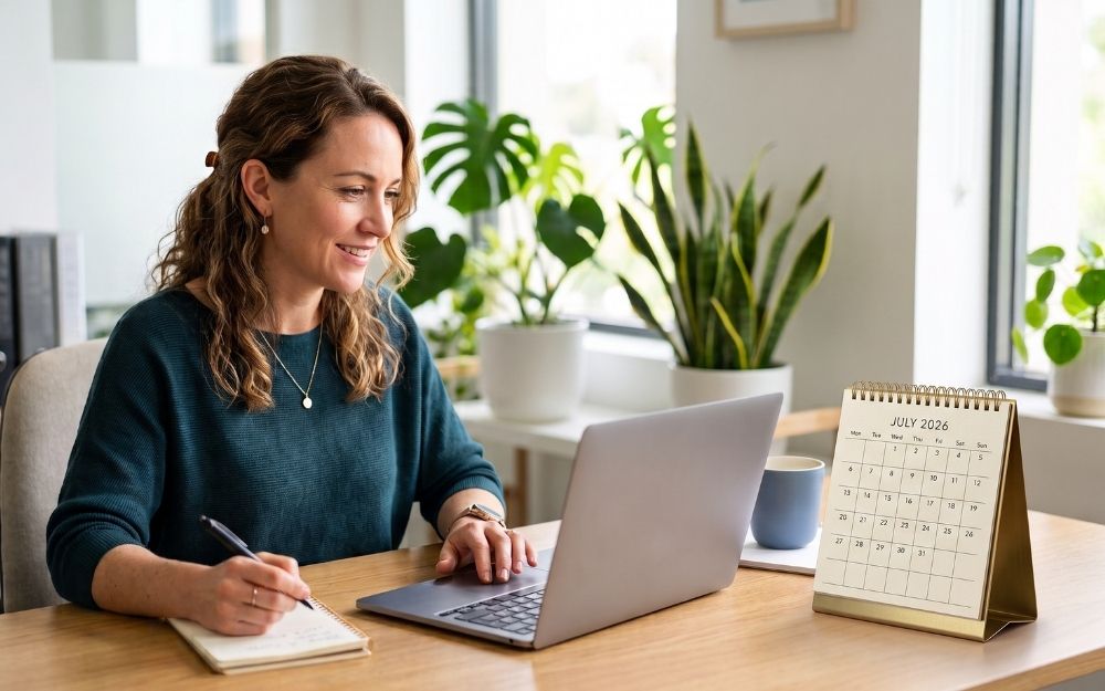 Small business owner confidently reviewing payroll on her laptop, illustrating Payday Super compliance for Australian businesses