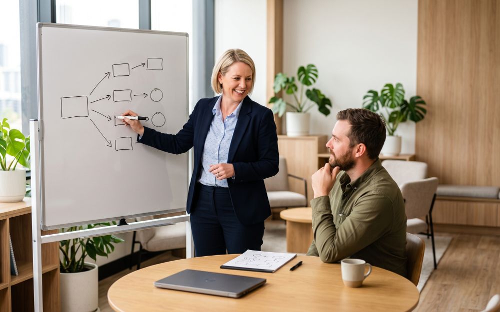 Accountant explaining different business structure options to a small business owner on a whiteboard, illustrating business structures in Australia