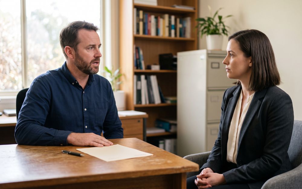 Small business owner having a calm, structured conversation with an employee in his office, illustrating how to handle difficult conversations with employees
