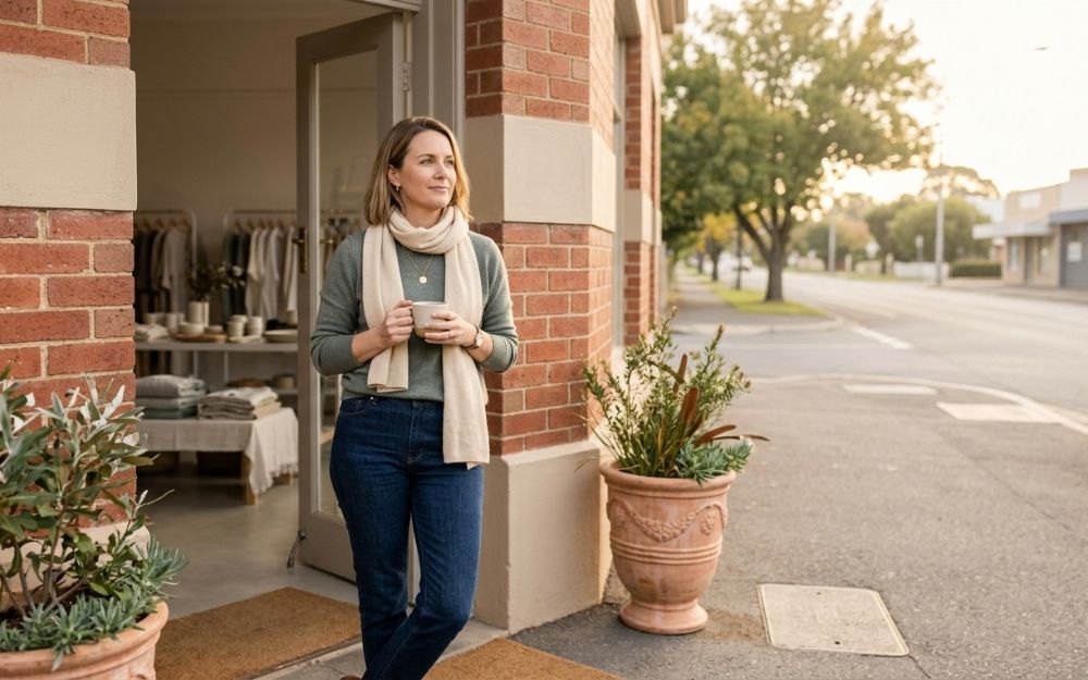 Small business owner starting her day with calm confidence, illustrating the peace of mind a financial safety net provides